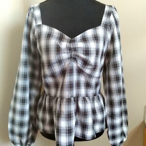 Pleione Smocked Black White Plaid Rodeo Western Prairie Blouse Medium